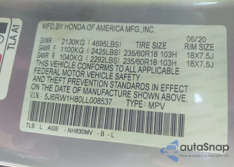 2020 Honda Cr-V 2Wd Ex-L from USA, damaged, VIN 5J6RW1H80LL008537